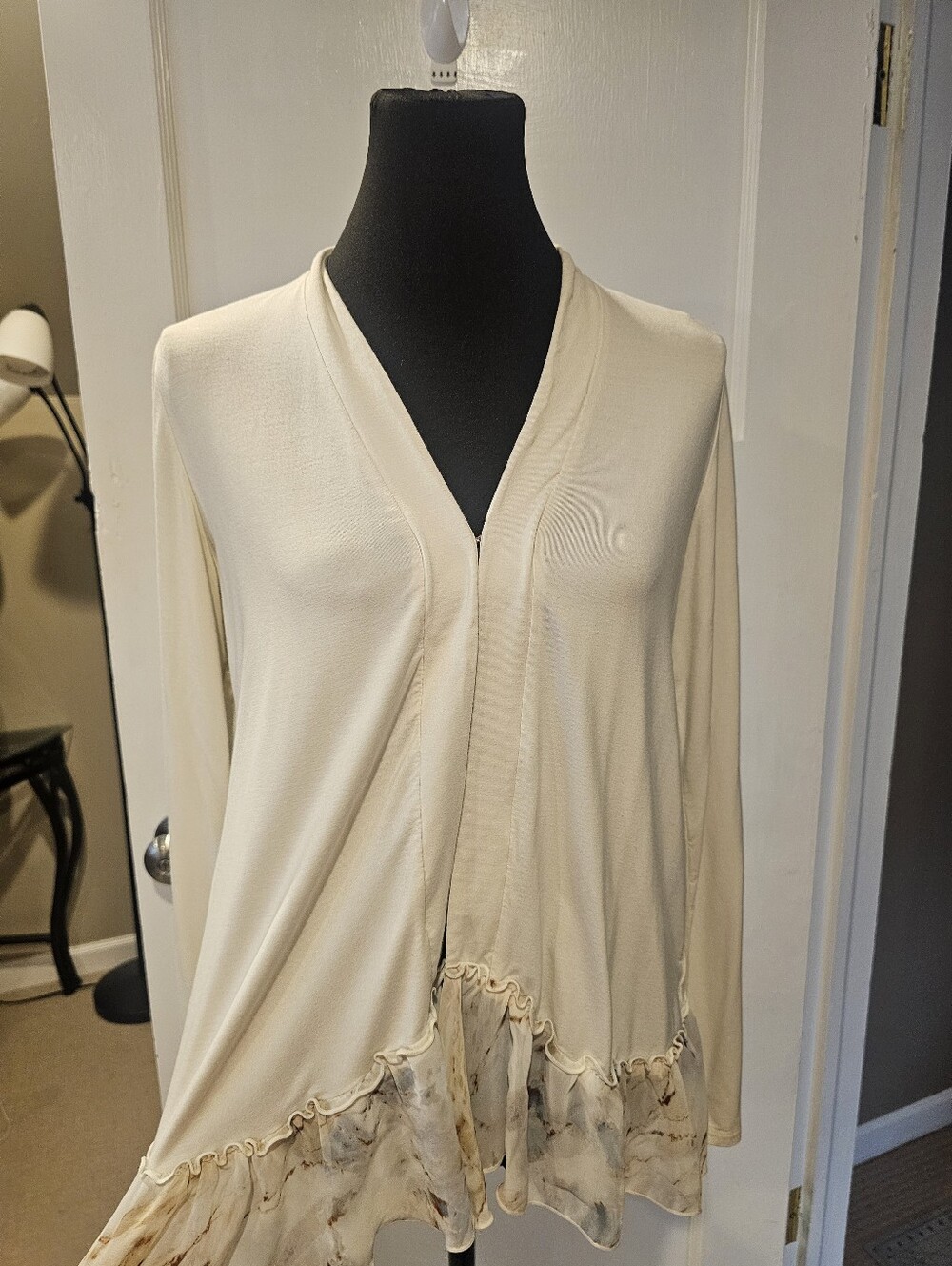 LOGO by Lori Goldstein Cream Open-Front Cardigan with Flowy Chiffon Marbled Hem